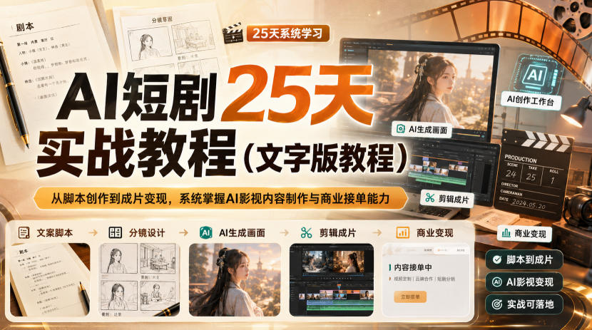 AI短剧25天实战教程（文字版教程），从脚本创作到成片变现，系统掌握AI影视内容制作与商业接单能力-佳梦网创 - 网创副业项目资源站