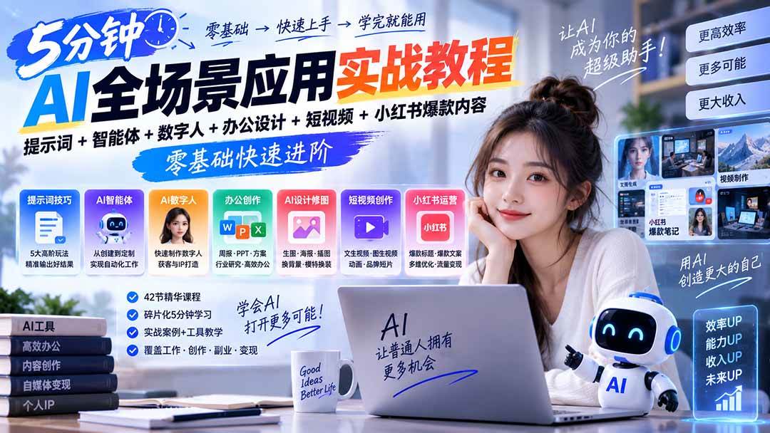 (20493期)AI全场景应用实战教程|提示词+智能体+数字人+办公设计+短视频+小红书爆款内容,零基础快速进阶-佳梦网创 - 网创副业项目资源站
