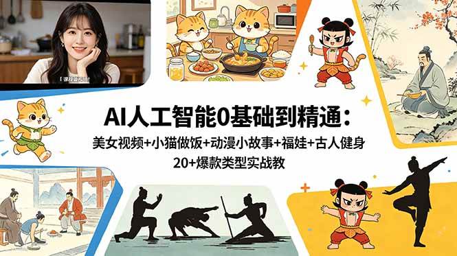 （18685期）AI人工智能0基础到精通：美女视频+小猫做饭+动漫小故事+福娃+古人健身，20+爆款类型实战教学 - 佳梦网创 - 网创副业项目资源站-佳梦网创 - 网创副业项目资源站