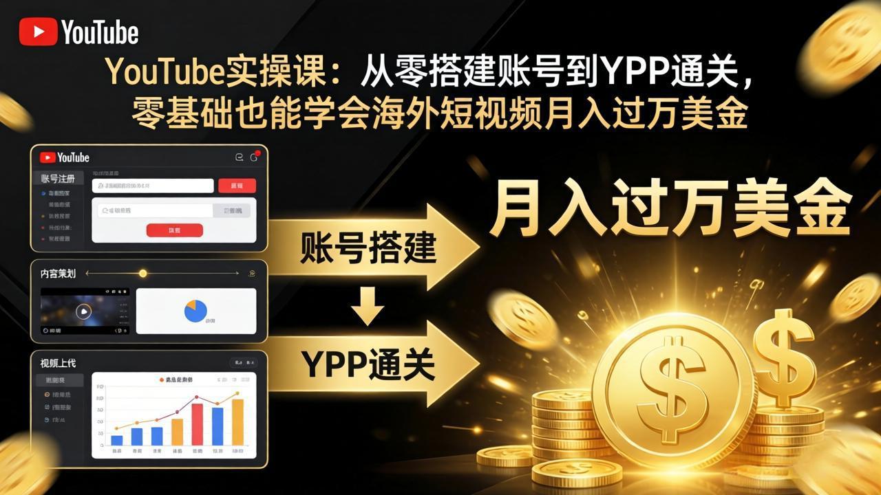 YouTube实操课：从零搭建账号到YPP通关，零基础也能学会海外短视频月入过万美金-佳梦网创 - 网创副业项目资源站