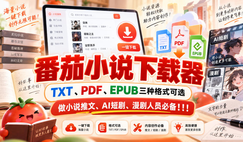 番茄小说下载器，TXT、PDF、EPUB三种格式可选，做小说推文、AI短剧、漫剧人员必备！！！-佳梦网创 - 网创副业项目资源站
