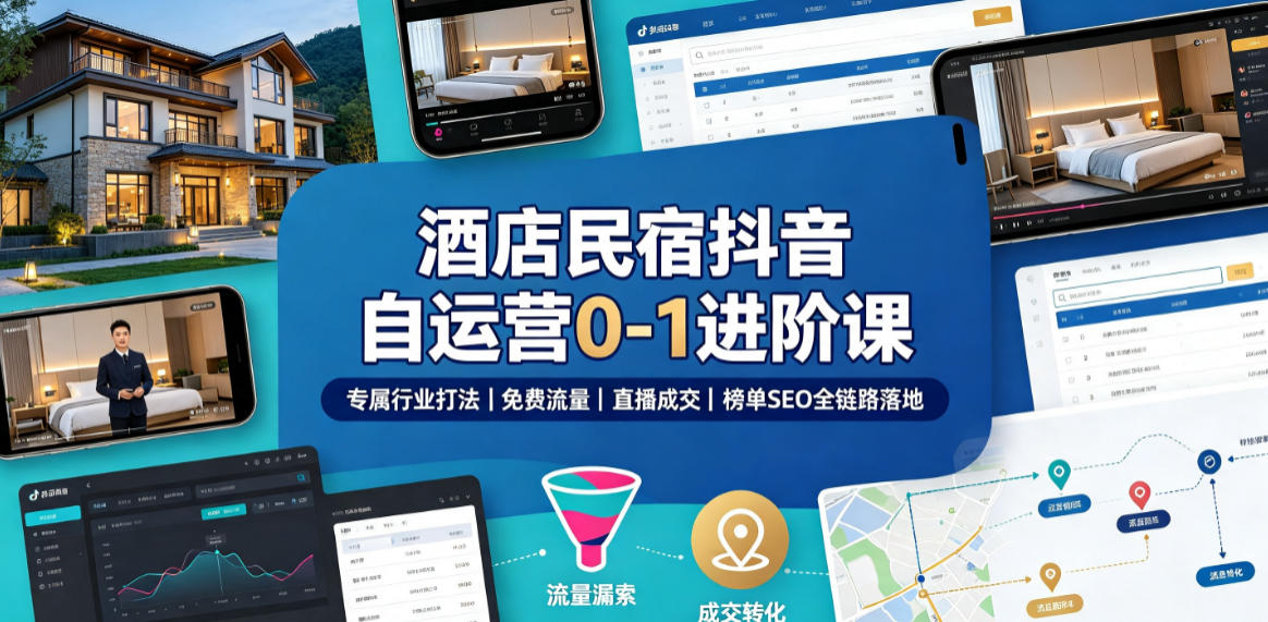 酒店民宿抖音自运营0-1进阶课｜专属行业打法、免费流量+直播成交+榜单SEO全链路落地-佳梦网创 - 网创副业项目资源站