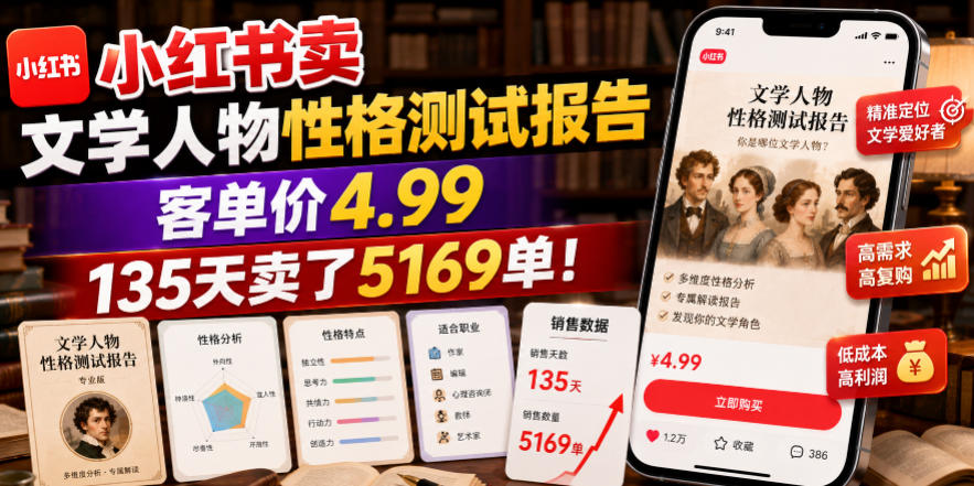 小红书卖文学人物性格测试报告，客单价4.99，135天卖了5169单！ - 佳梦网创 - 网创副业项目资源站-佳梦网创 - 网创副业项目资源站