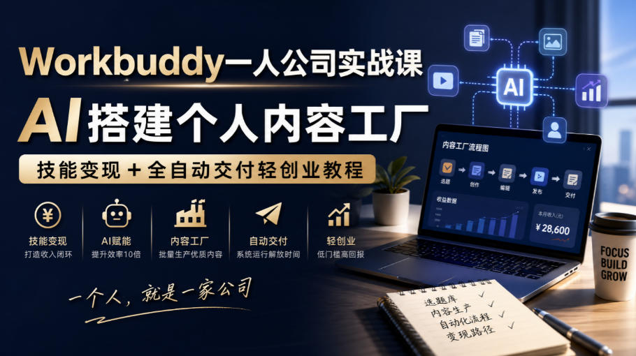 Workbuddy一人公司实战课,AI搭建个人内容工厂,技能变现+全自动交付轻创业教程-佳梦网创 - 网创副业项目资源站