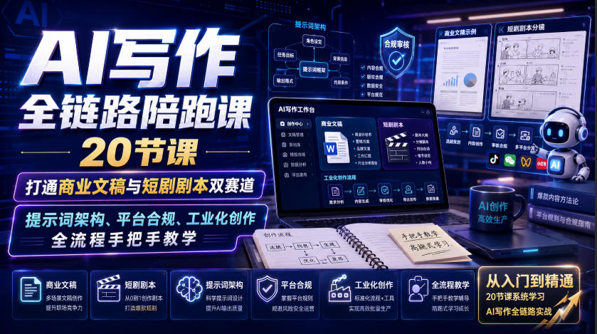AI写作全链路陪跑课｜20节课打通商业文稿与短剧剧本双赛道，提示词架构、平台合规、工业化创作全流程手把手教学-佳梦网创 - 网创副业项目资源站