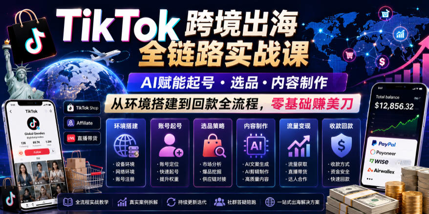 TikTok跨境出海全链路实战课,AI赋能起号・选品・内容制作,从环境搭建到回款全流程,零基础賺美刀-佳梦网创 - 网创副业项目资源站