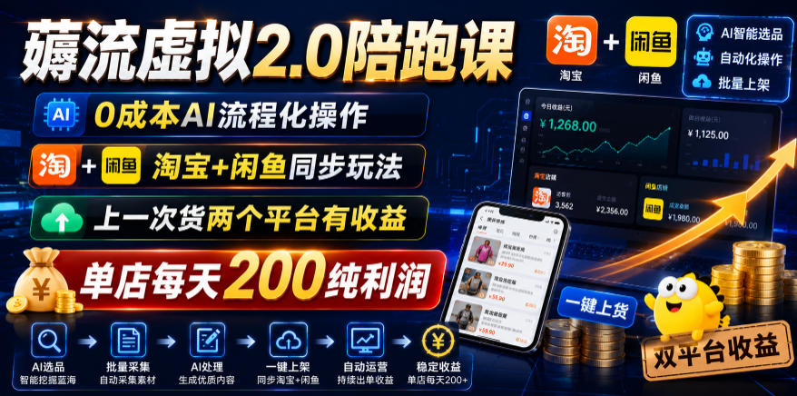 薅流虚拟2.0陪跑课，0成本AI流程化操作，淘宝+闲鱼同步玩法，上一次货两个平台有收益，单店每天200纯利润 - 佳梦网创 - 网创副业项目资源站-佳梦网创 - 网创副业项目资源站
