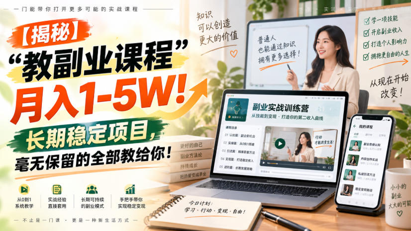 【揭秘】“教副业课程”月入1-5W！长期稳定项目，毫无保留的全部教给你！-佳梦网创 - 网创副业项目资源站