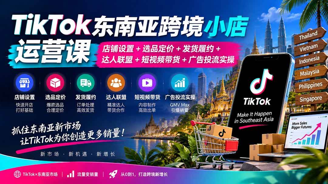 (20483期)TikTok东南亚跨境小店运营课:店铺设置+选品定价+发货履约+达人联盟+短视频带货+广告投流实操-佳梦网创 - 网创副业项目资源站