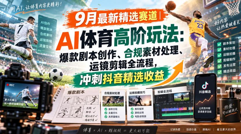 某大佬的9月最新精选赛道之AI体育顶级玩法,爆款剧本创作、版权规避、运镜剪辑全流程,稳拿抖音精选收益-佳梦网创 - 网创副业项目资源站