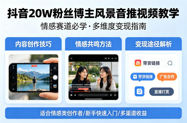 抖音20W粉丝博主风景音推视频教学，情感赛道必学，各种变现途径 - 佳梦网创 - 网创副业项目资源站-佳梦网创 - 网创副业项目资源站