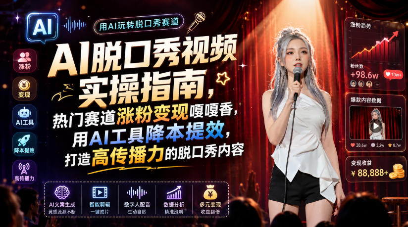 AI脱口秀视频实操指南,热门赛道涨粉变现嘎嘎香,用AI工具降本提效,打造高传播力的脱口秀内容 AI脱口秀视频实操指南,热门赛道涨粉变现嘎嘎香,用AI工具降本提效,打造高传播力的脱口秀内容