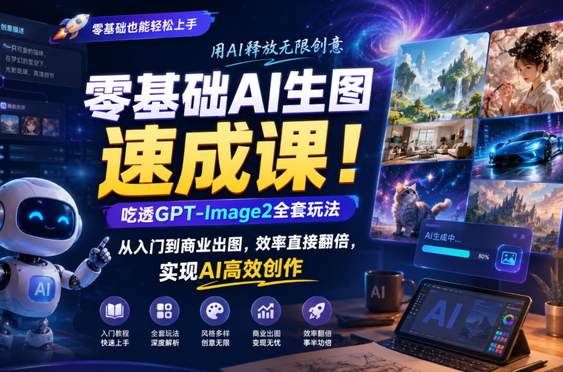 零基础AI生图速成课!吃透GPT-Image2全套玩法,从入门到商业出图,效率直接翻倍,实现AI高效创作 零基础AI生图速成课!吃透GPT-Image2全套玩法,从入门到商业出图,效率直接翻倍,实现AI高效创作