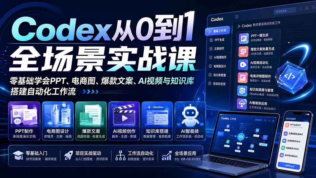 (20041期)Codex从0到1全场景实战课:零基础学会PPT、电商图、爆款文案、AI视频与知识库,搭建自动化工作流-佳梦网创 - 网创副业项目资源站
