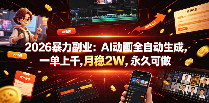 2026暴力副业:AI动画全自动生成,一单上千,月稳2W,永久可做【揭秘】 2026暴力副业:AI动画全自动生成,一单上千,月稳2W,永久可做【揭秘】