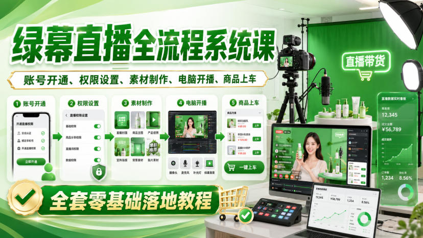 绿幕直播全流程系统课，账号开通、权限设置、素材制作、电脑开播、商品上车全套零基础落地教程-佳梦网创 - 网创副业项目资源站