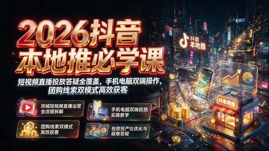 (19618期)2026抖音本地推必学课|短视频直播投放答疑全覆盖,手机电脑双端操作,团购线索双模式高效获客 (19618期)2026抖音本地推必学课|短视频直播投放答疑全覆盖,手机电脑双端操作,团购线索双模式高效获客