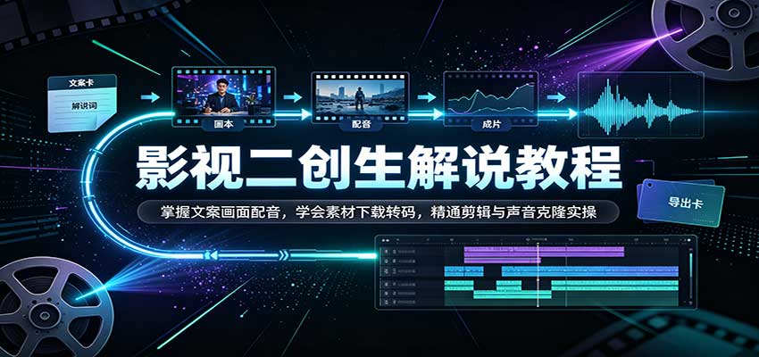 影视二创解说教程：掌握文案画面配音，学会素材下载转码，精通剪辑与声音克隆实操-佳梦网创 - 网创副业项目资源站