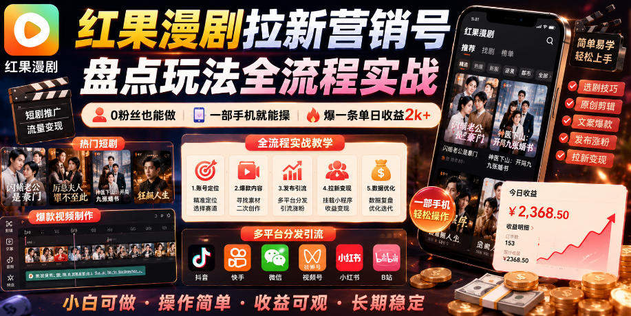 红果漫剧拉新营销号盘点玩法全流程实战,0粉丝也能做,一部手机就能做,爆一条单日收益2k+(更新0628)-佳梦网创 - 网创副业项目资源站
