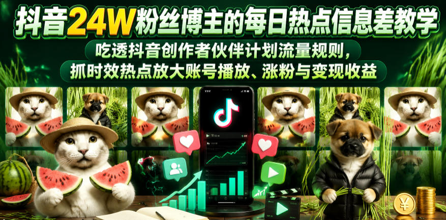 抖音24W粉丝博主的每日热点信息差教学，吃透创作者伙伴计划流量规则，抓时效热点放大账号播放、涨粉与变现收益 - 佳梦网创 - 网创副业项目资源站-佳梦网创 - 网创副业项目资源站