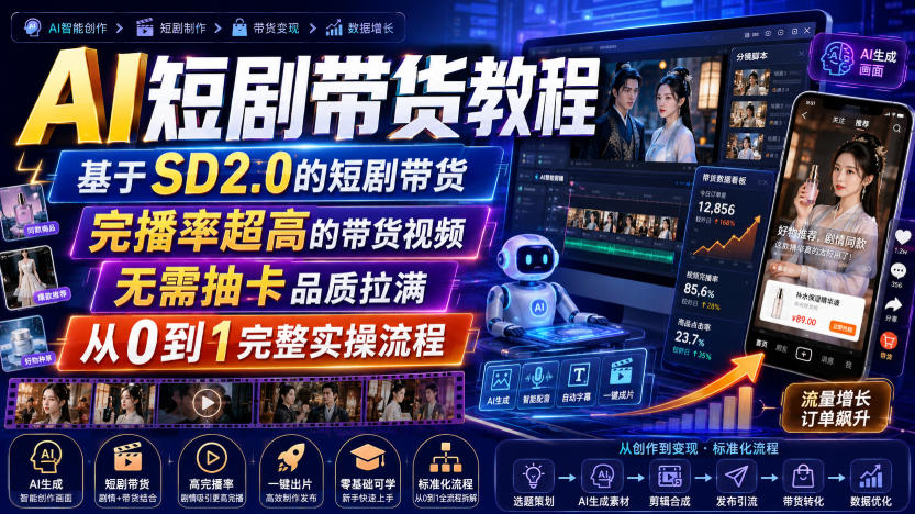 AI短剧带货教程，基于SD2.0的短剧带货，完播率超高的带货视频，无需抽卡品质拉满，从0到1完整实操流程 - 佳梦网创 - 网创副业项目资源站-佳梦网创 - 网创副业项目资源站