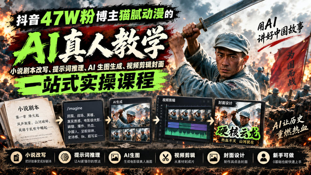 抖音47W粉博主猫腻动漫的AI真人漫剧教学,小说剧本改写、提示词推理、AI生图生成、视频剪辑封面一站式实操课程-佳梦网创 - 网创副业项目资源站