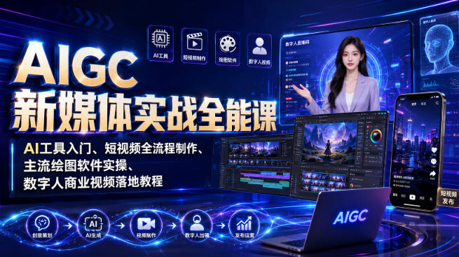 AIGC新媒体实战全能课｜AI工具入门、短视频全流程制作、主流绘图软件实操、数字人商业视频落地教程 - 佳梦网创 - 网创副业项目资源站-佳梦网创 - 网创副业项目资源站