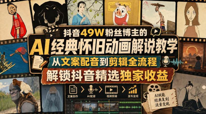 抖音49W粉丝博主的AI经典怀旧动画解说教学，从文案配音到剪辑全流程，解锁抖音精选独家收益-佳梦网创 - 网创副业项目资源站