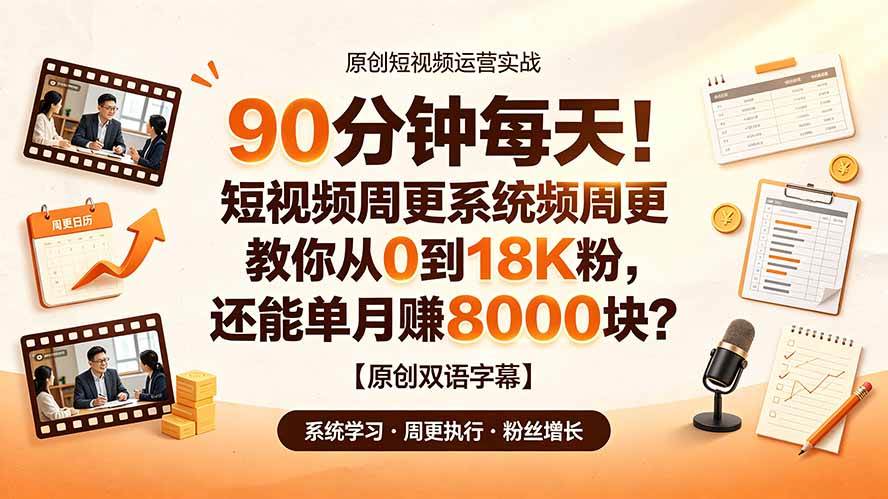 (19265期)90 分钟每天!短视频周更系统教你从 0 到 18K 粉,还能单月赚 8000 块?【原创双语字幕】-佳梦网创 - 网创副业项目资源站