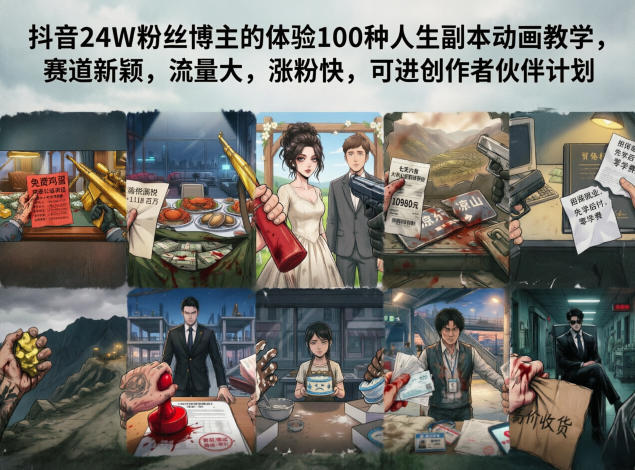 抖音24W粉丝博主的体验100种人生副本动画教学，赛道新颖，流量大，涨粉快，可进创作者伙伴计划 - 佳梦网创 - 网创副业项目资源站-佳梦网创 - 网创副业项目资源站