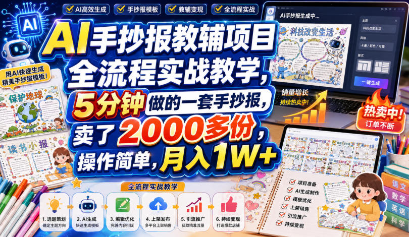 AI手抄报教辅项目全流程实战教学,5分钟做的一套手抄报,卖了2000多份,操作简单,月入1W+-佳梦网创 - 网创副业项目资源站