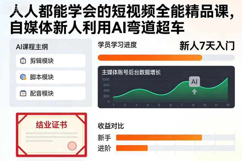 人人都能学会的短视频全能精品课，自媒体新人利用AI弯道超车 - 佳梦网创 - 网创副业项目资源站-佳梦网创 - 网创副业项目资源站