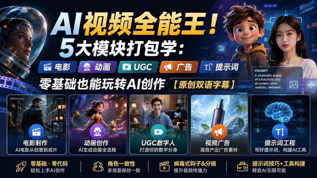 (20048期)AI视频全能王!5大模块打包学:电影、动画、UGC、广告、提示词,零基础也能玩转AI创作【原创双语字幕】-佳梦网创 - 网创副业项目资源站