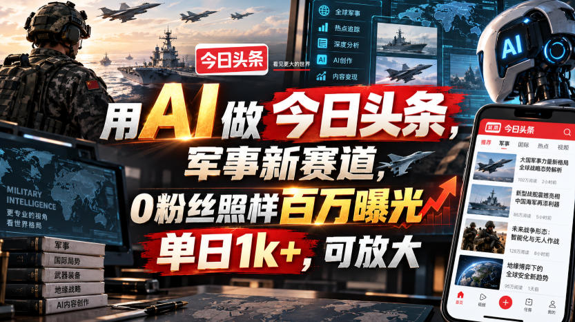 用AI做今日头条，军事新赛道，0粉丝照样百万曝光，单日1k+，可放大-佳梦网创 - 网创副业项目资源站