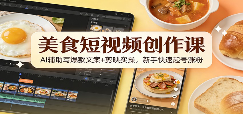 美食短视频创作课：AI辅助写爆款文案+剪映实操，新手快速起号涨粉 - 佳梦网创 - 网创副业项目资源站-佳梦网创 - 网创副业项目资源站