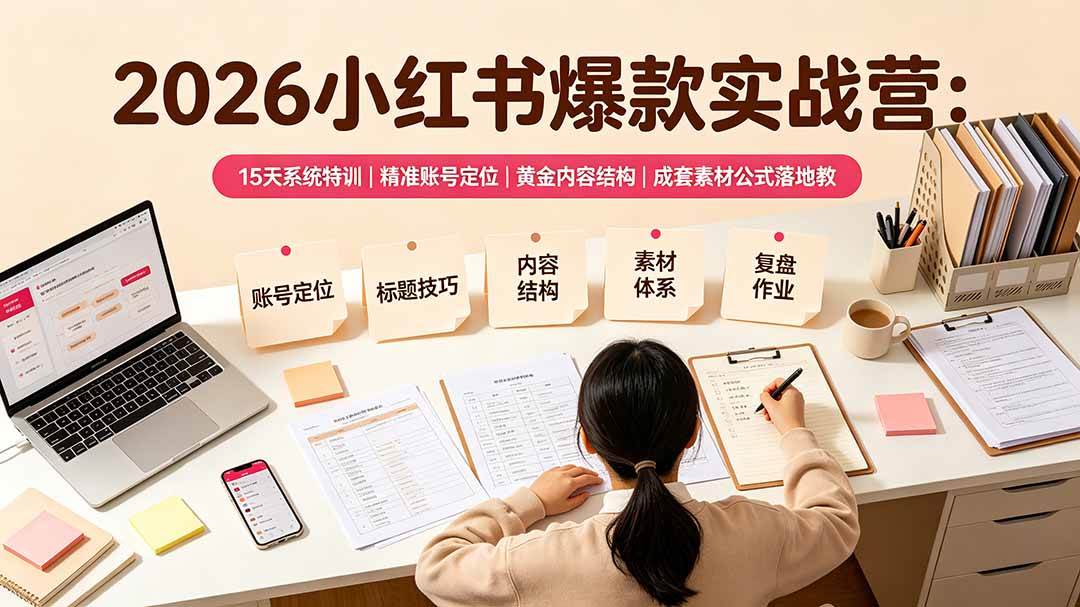 (19332期)2026小红书爆款实战营:15天系统特训|精准账号定位|黄金内容结构|成套素材公式落地教程-佳梦网创 - 网创副业项目资源站