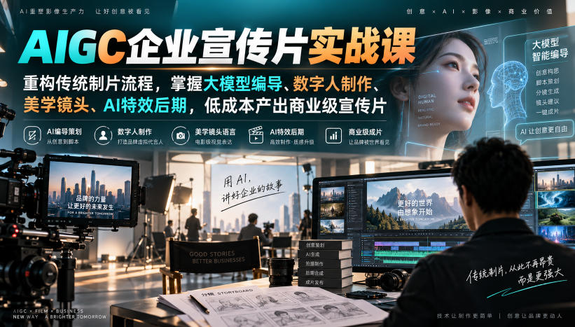 AIGC企业宣传片实战课,重构传统制片流程,掌握大模型编导、数字人制作、美学镜头、AI特效后期,低成本产出商业级宣传片-佳梦网创 - 网创副业项目资源站