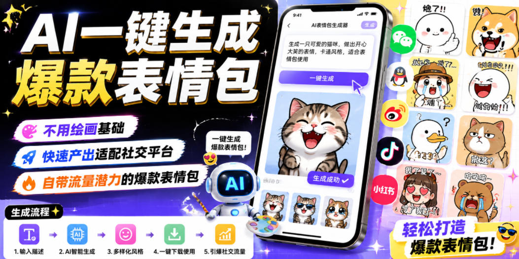 AI一键生成爆款表情包,不用绘画基础,快速产出适配社交平台,自带流量潜力的爆款表情包-佳梦网创 - 网创副业项目资源站