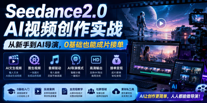 Seedance2.0 AI视频创作实战，从新手到AI导演，0基础也能成片接单变现 - 佳梦网创 - 网创副业项目资源站-佳梦网创 - 网创副业项目资源站