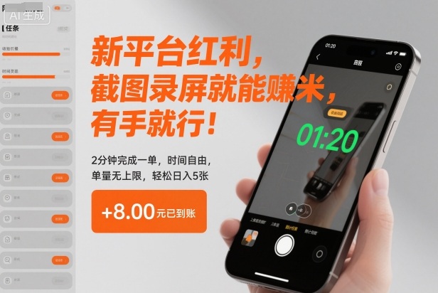 新平台红利，截图录屏就能賺米，有手就行！2分钟完成一单，时间自由，单量无上限，轻松日入5张【揭秘】 - 佳梦网创 - 网创副业项目资源站-佳梦网创 - 网创副业项目资源站