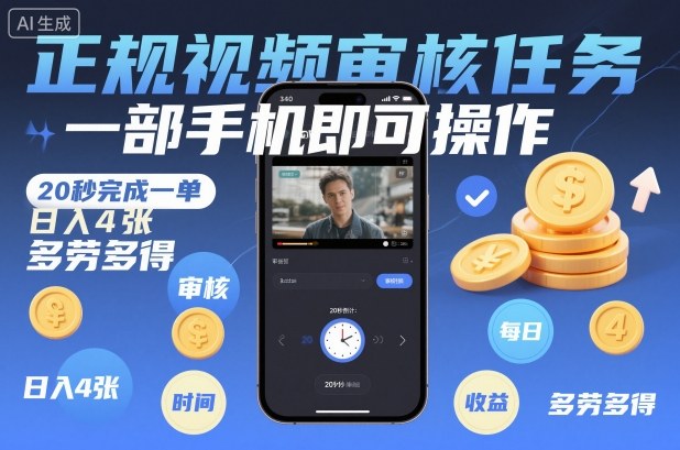 正规视频审核任务，一部手机即可操作，20秒完成一单，日入4张，多劳多得【揭秘】 - 佳梦网创 - 网创副业项目资源站-佳梦网创 - 网创副业项目资源站