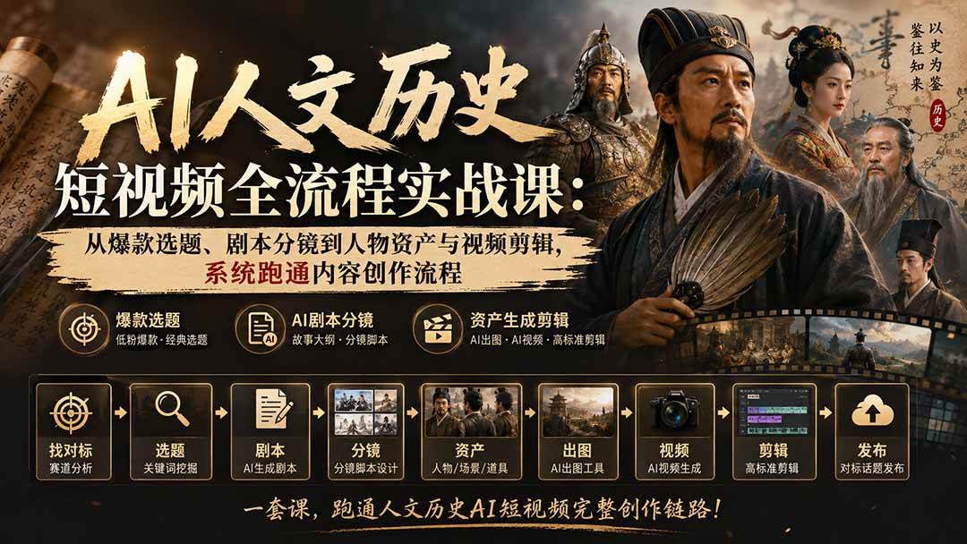 （20476期）AI人文历史短视频全流程实战课-更新：从爆款选题、剧本分镜到人物资产与视频剪辑，系统跑通内容创作流程-佳梦网创 - 网创副业项目资源站