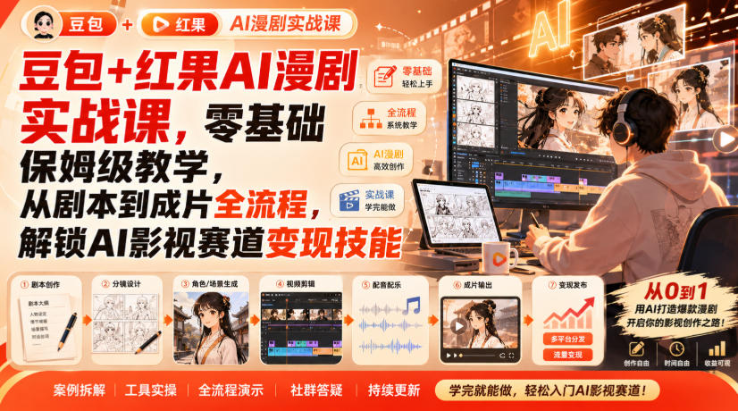 豆包+红果AI漫剧实战课，零基础保姆级教学，从剧本到成片全流程，解锁AI影视赛道变现技能-佳梦网创 - 网创副业项目资源站