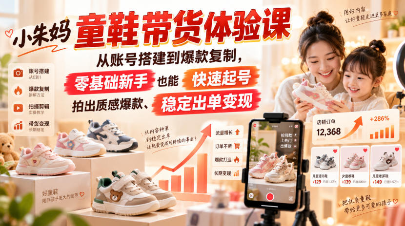 小朱妈童鞋带货体验课，从账号搭建到爆款复制，零基础新手也能快速起号、拍出质感爆款、稳定出单变现-佳梦网创 - 网创副业项目资源站