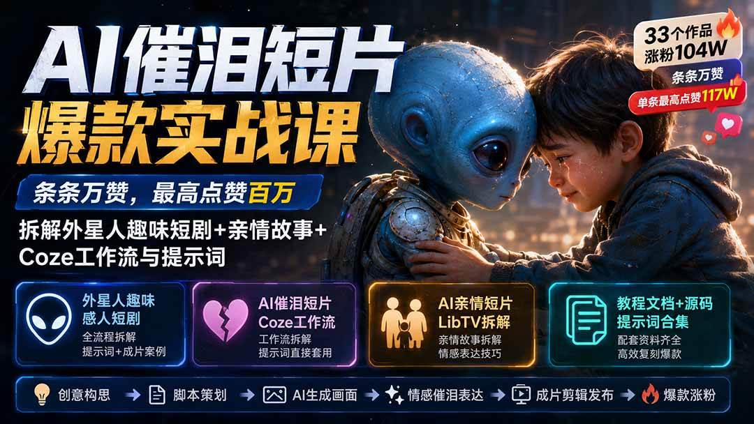 (20038期)AI催泪短片爆款实战课:条条万赞,最高点赞百万,拆解外星人趣味短剧+亲情故事+Coze工作流与提示词-佳梦网创 - 网创副业项目资源站