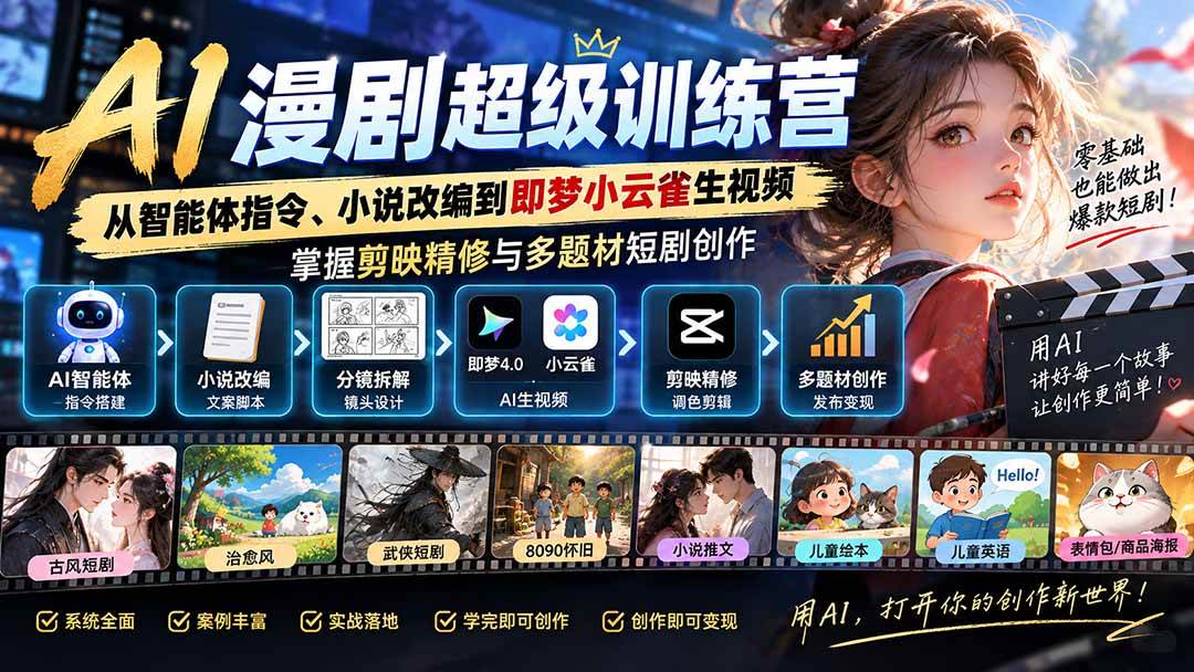 (20491期)AI漫剧超级特训营:从智能体指令、小说改编到即梦小云雀生视频,掌握剪映精修与多题材短剧创作-佳梦网创 - 网创副业项目资源站