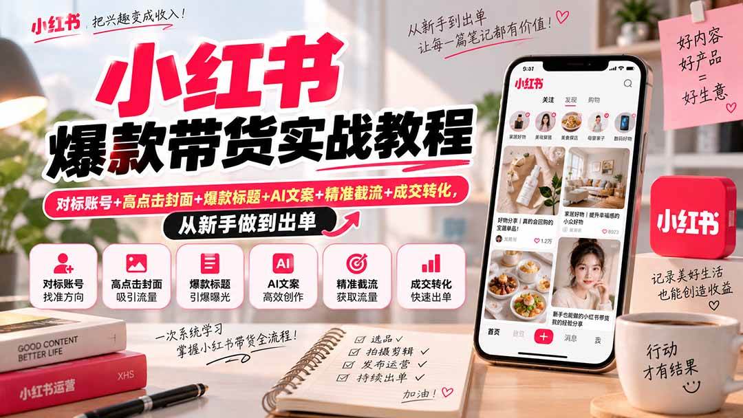 (20473期)小红书爆款带货实战教程|对标账号+高点击封面+爆款标题+AI文案+精准截流+成交转化,从新手做到出单-佳梦网创 - 网创副业项目资源站