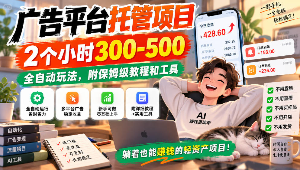 广告平台托管项目，2个小时300-500，全自动玩法，附保姆级教程和工具，小白照着就能做【揭秘】-佳梦网创 - 网创副业项目资源站
