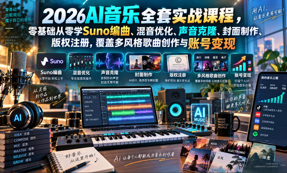 2026AI音乐实战课程，零基础从零学Suno编曲、混音优化、声音克隆、版权注册，覆盖多风格歌曲创作与账号变现-佳梦网创 - 网创副业项目资源站