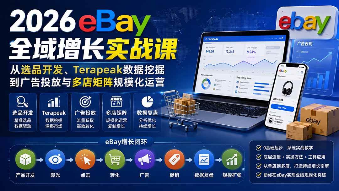 （20023期）2026-Vincent eBay全域增长实战课-无水印：从选品开发、Terapeak数据挖掘到广告投放与多店矩阵规模化运营-佳梦网创 - 网创副业项目资源站